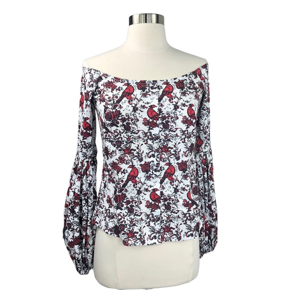 Caroline Constas off the shoulder red white floral damask bird top size Small - Picture 5 of 11